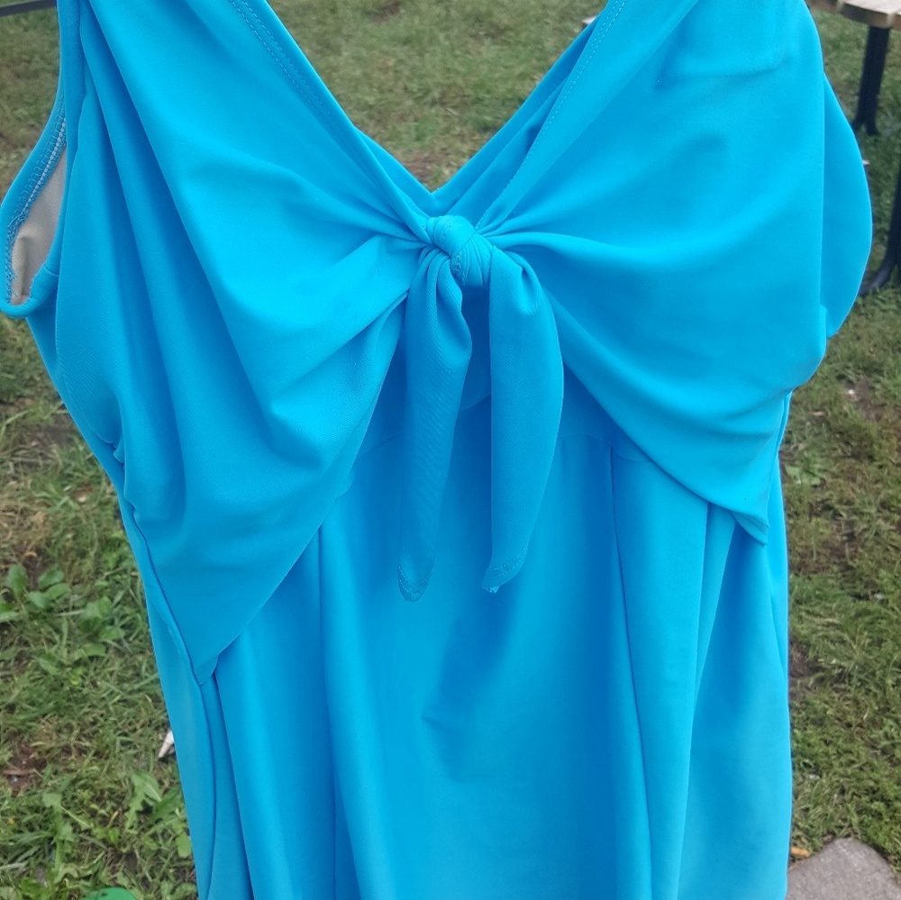 Blue swim dress, bathing suit.